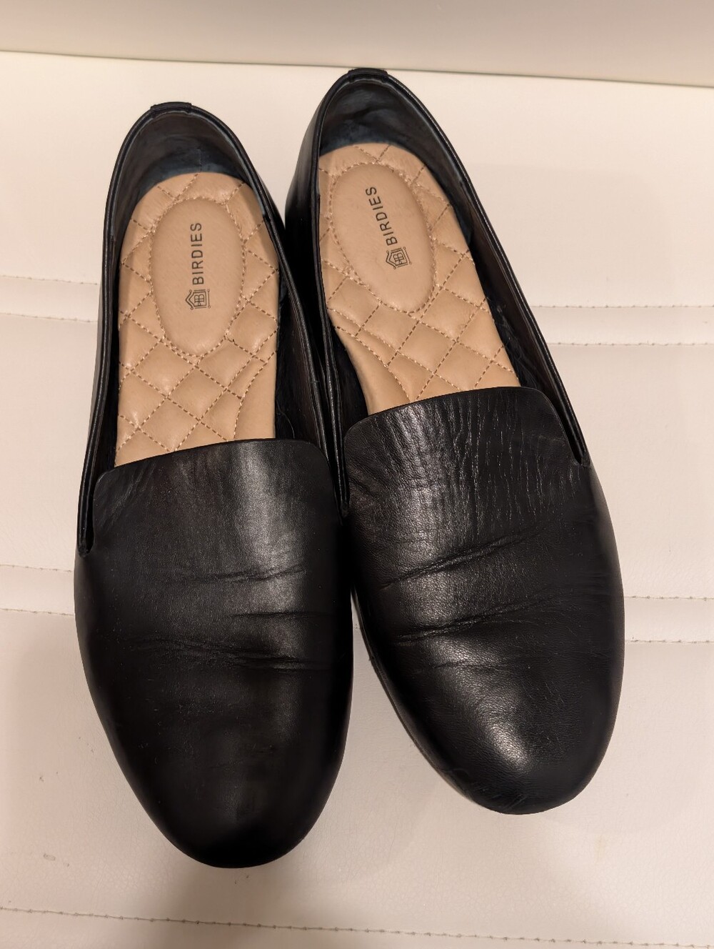 Birdies Black Leather Quilted-Insole Slip-Ons Size 8.5